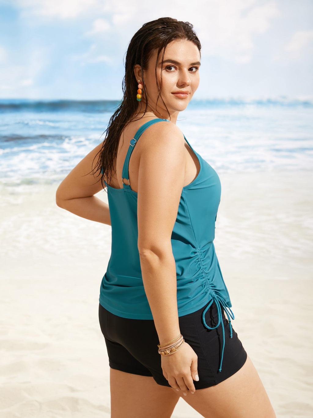 Plus Size Tropical Drawstring Swim Top
