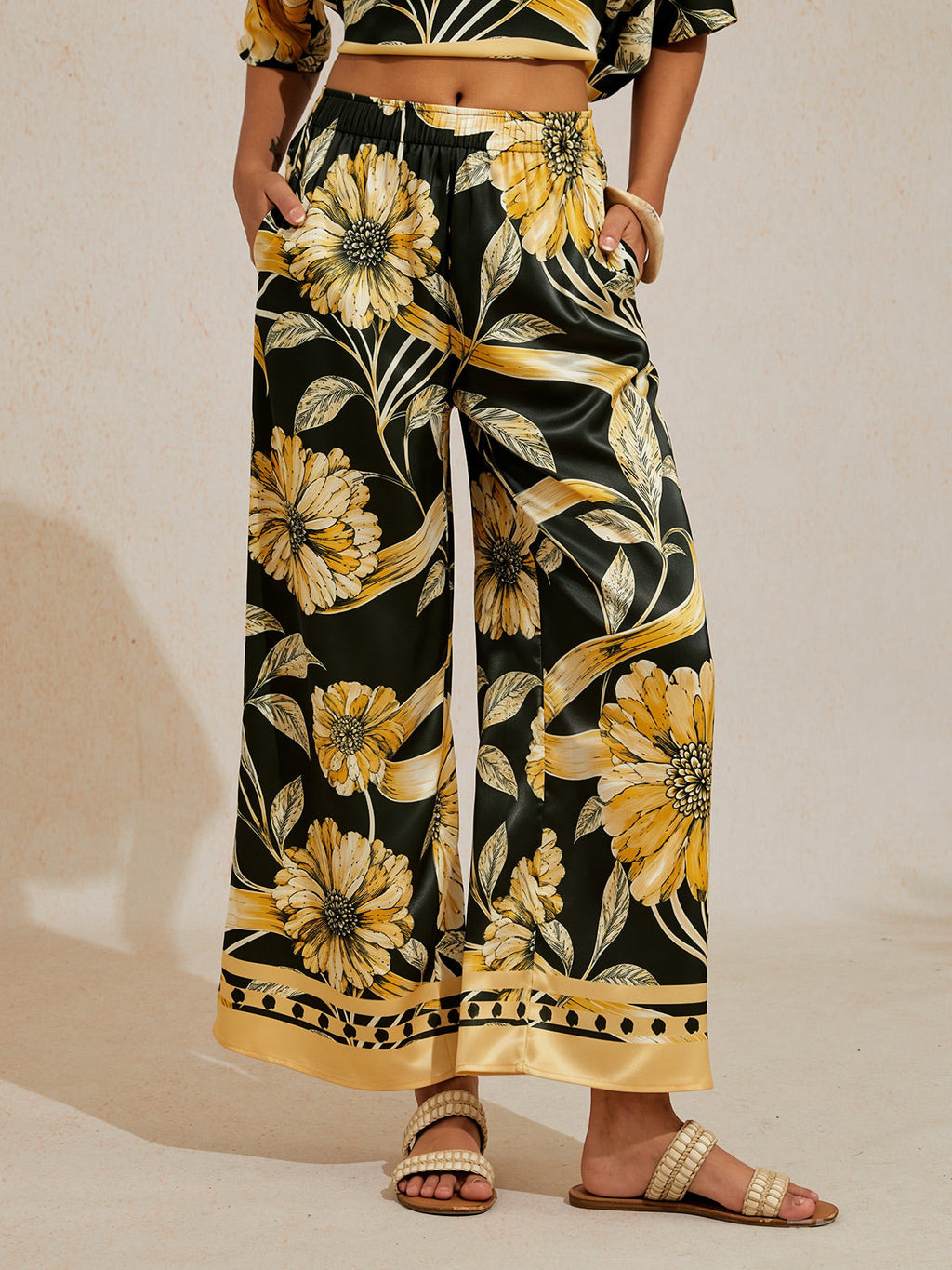 Golden Petal Satin Wide-Leg Pants by Aurelia Sun
