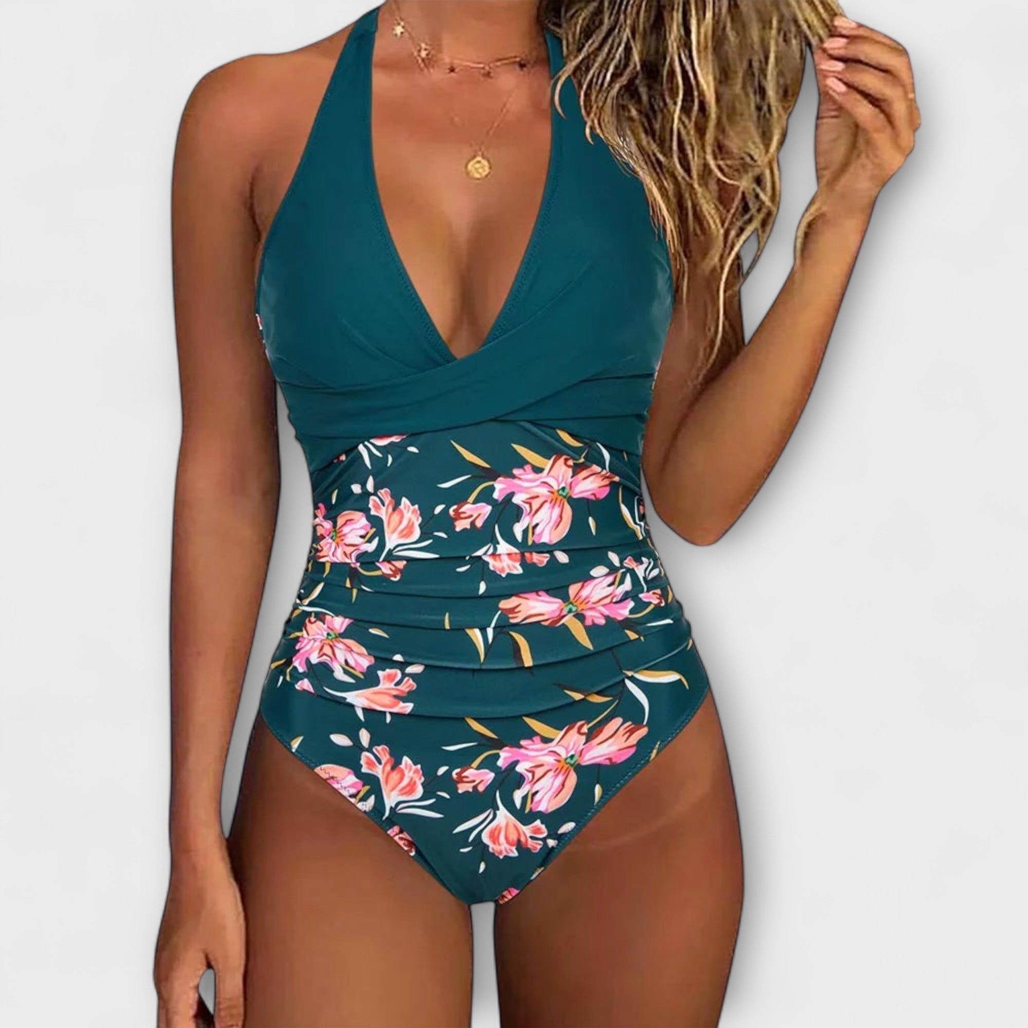Women's Ruched V-Neck One-Piece Swimsuit – Navy