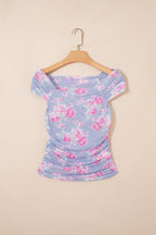 Women's Floral Mesh Ruched Top – Light Blue