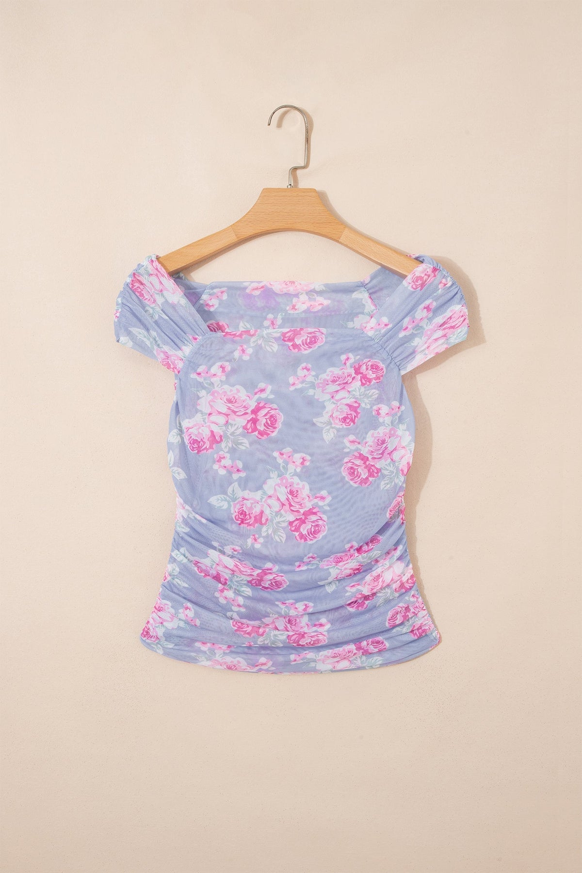 Women's Floral Mesh Ruched Top – Light Blue