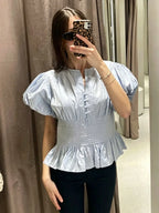 Chiffon Ruffle Puff-Sleeve Blouse