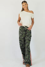 Women's green camouflage wide leg jeans with white stripe and red hearts