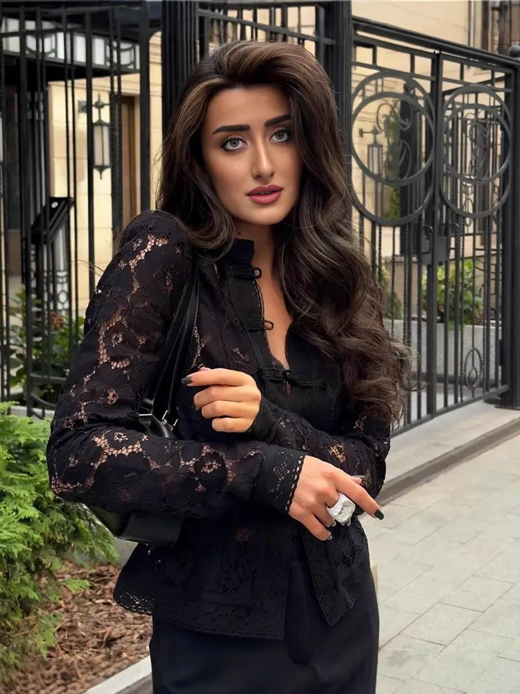 Embroidered Lace Puff-Sleeve Blouse