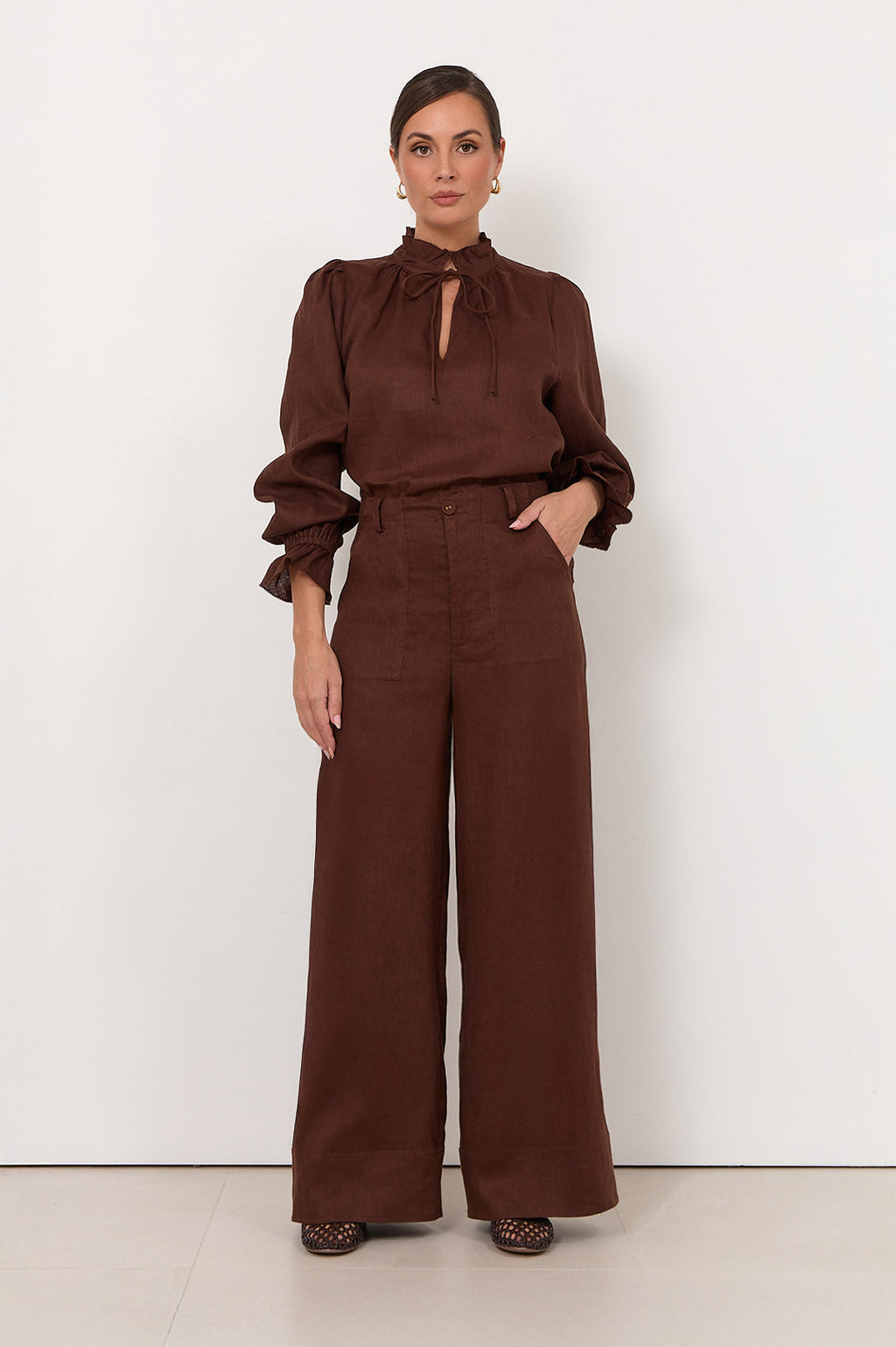 Avalon Wide-Leg Linen Pants in Chocolate by Aurelia Sun