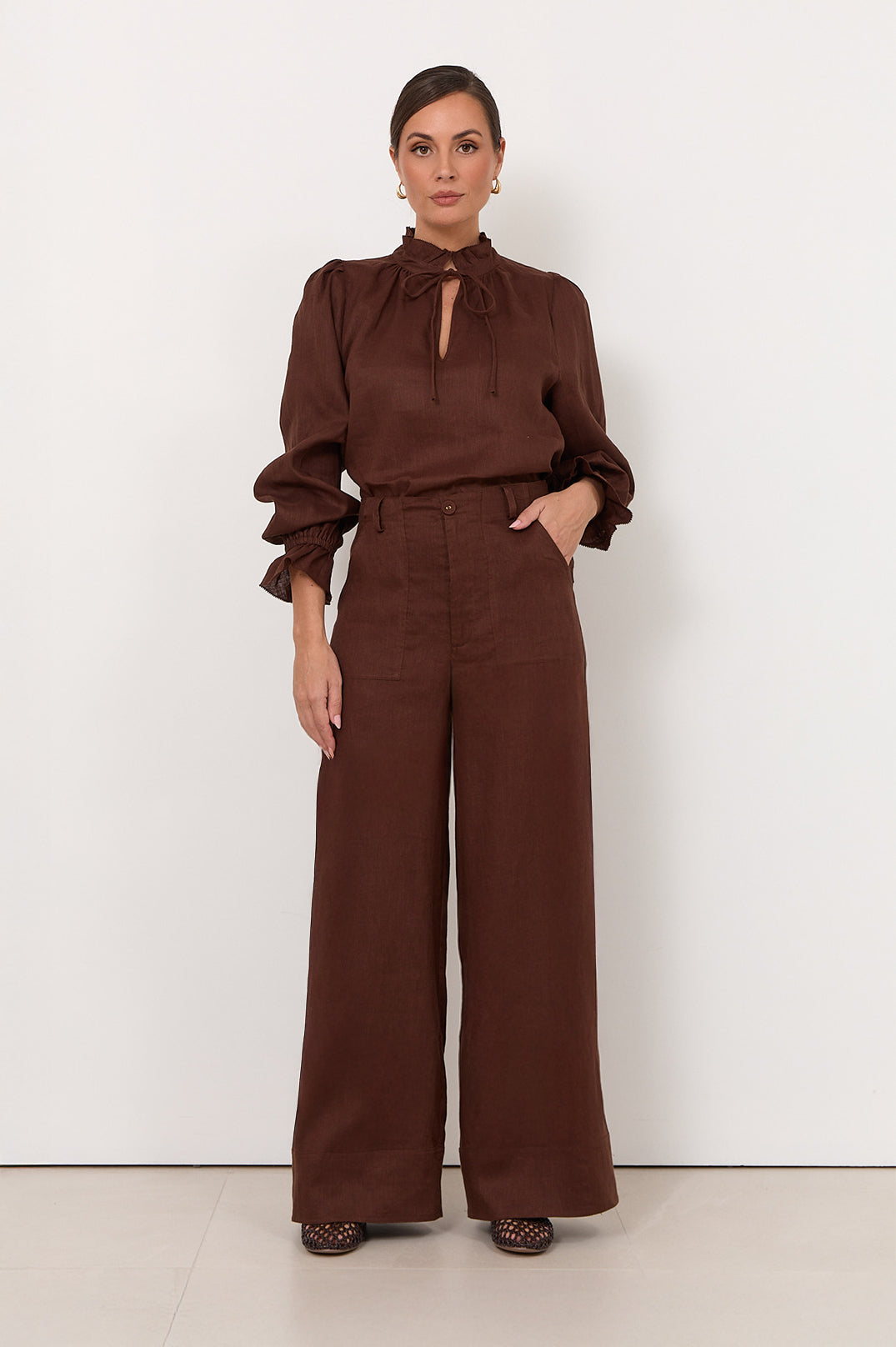 Avalon Wide-Leg Linen Pants in Chocolate by Aurelia Sun