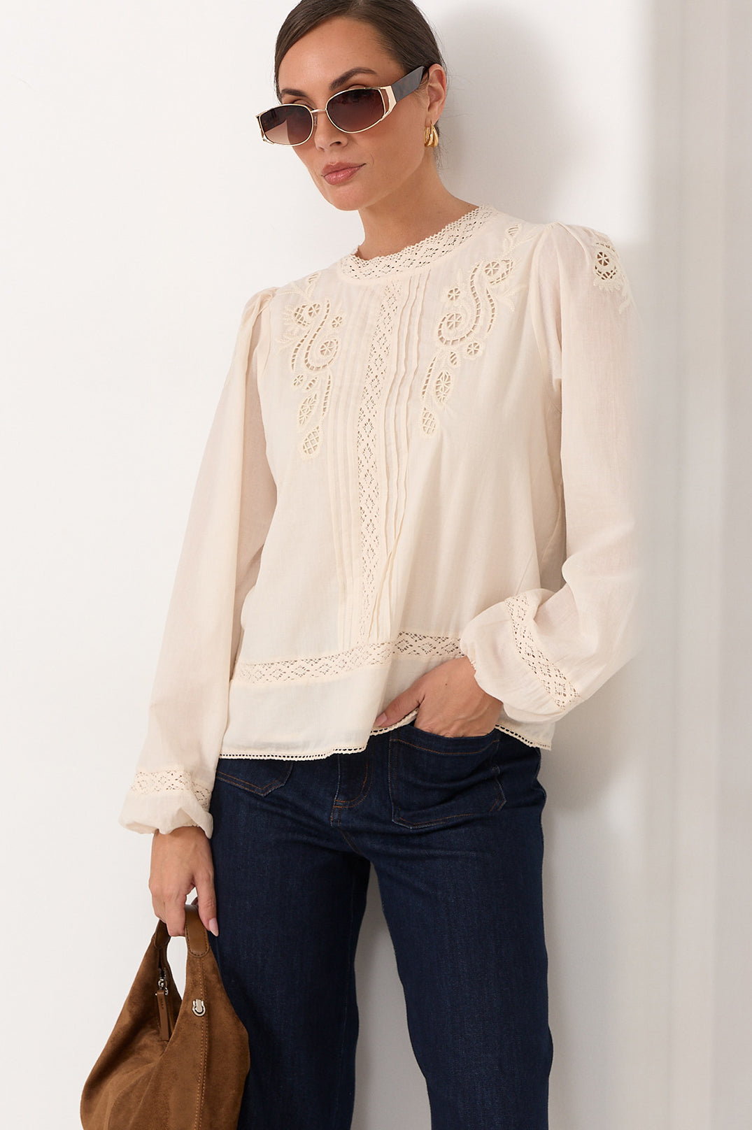 Lou Embroidered Lace Cotton Blouse in Cream by Aurelia Sun