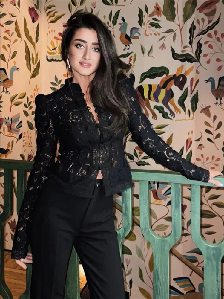 Embroidered Lace Puff-Sleeve Blouse