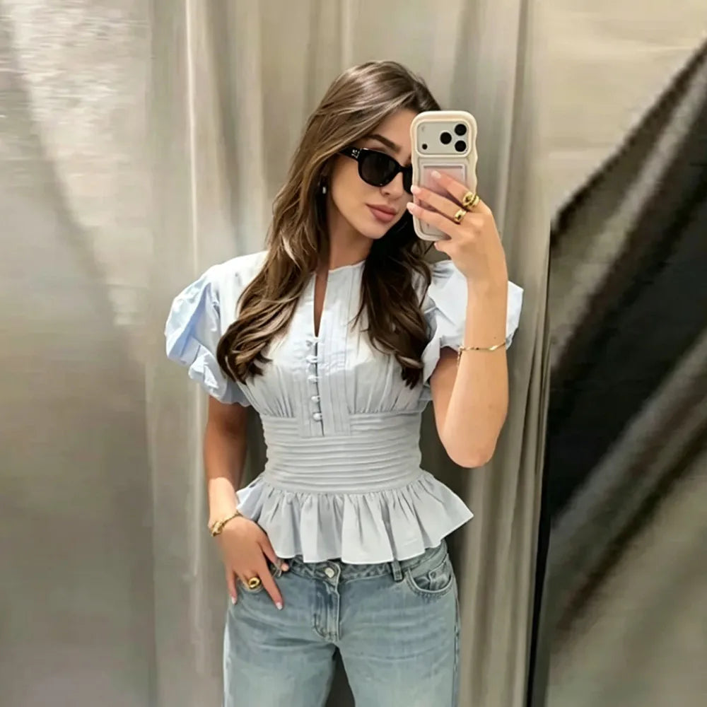 Chiffon Ruffle Puff-Sleeve Blouse
