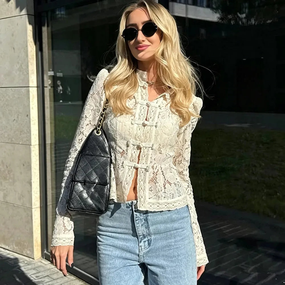 Embroidered Lace Puff-Sleeve Blouse