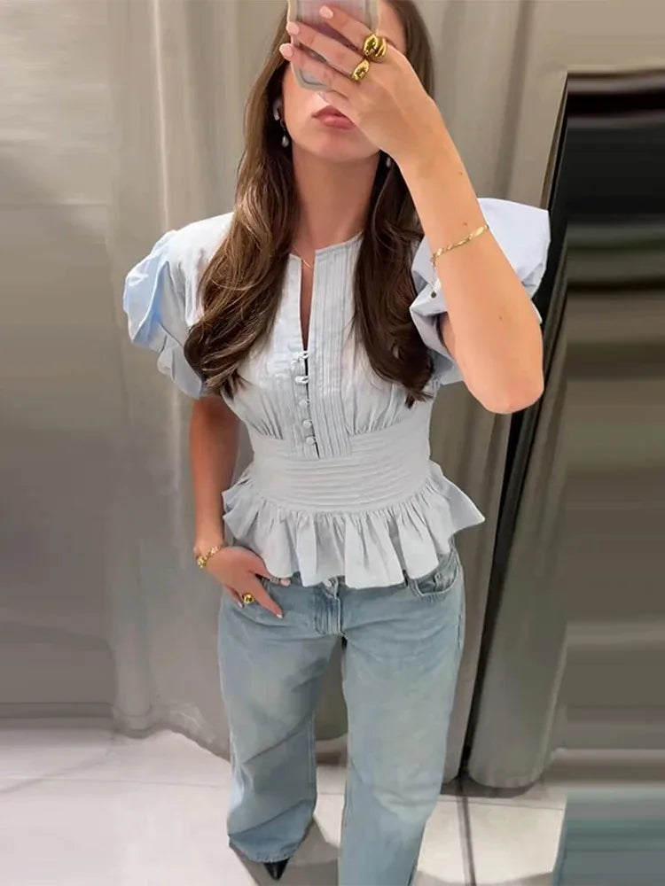 Chiffon Ruffle Puff-Sleeve Blouse