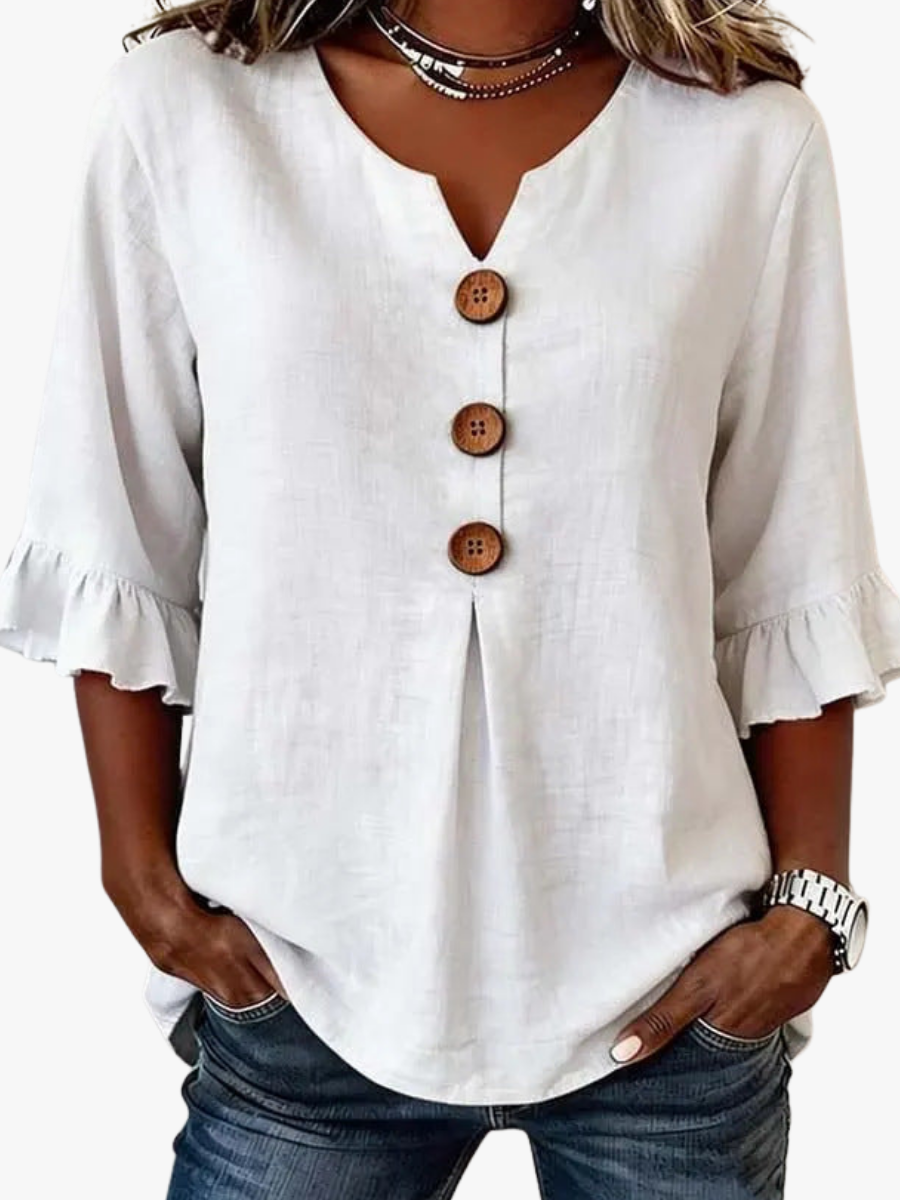 Marit Ruffle Sleeve V Neck Blouse in Navy by Aurelia Sun
