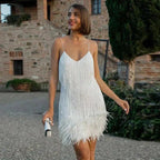 Sequin Feather-Trim Mini Dress