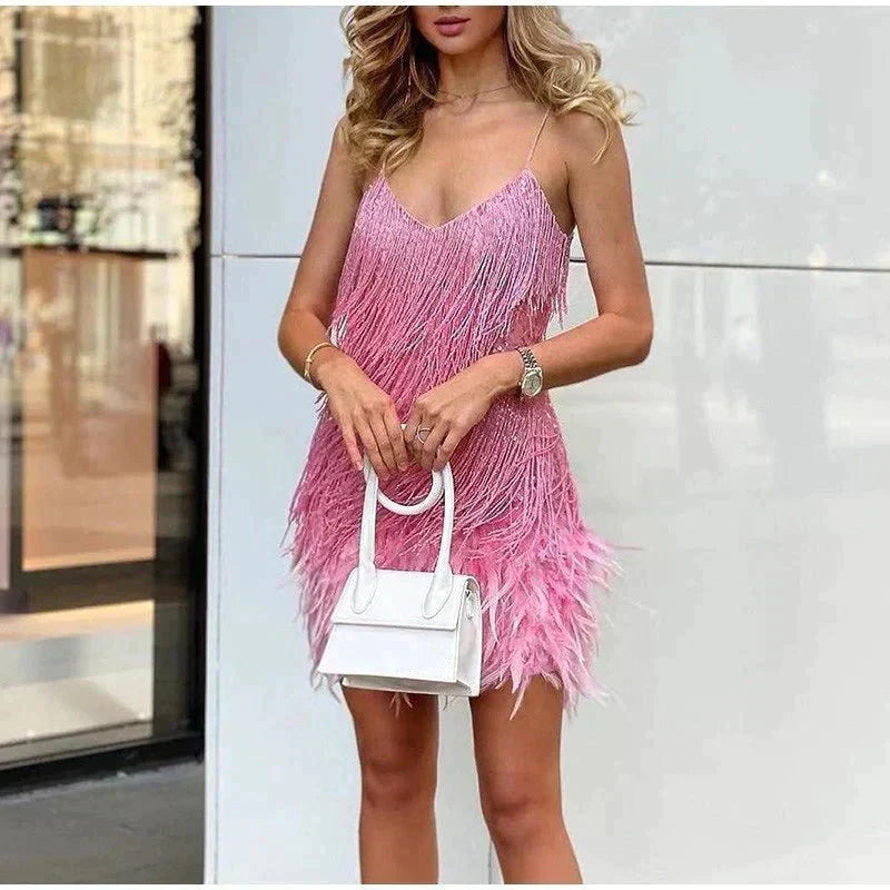 Sequin Feather-Trim Mini Dress