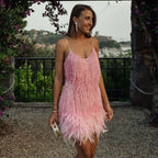 Sequin Feather-Trim Mini Dress