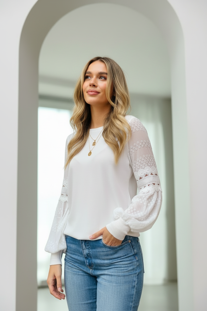 Molli Lace-Sleeve Knit Jumper – Off White by Aurelia Sun