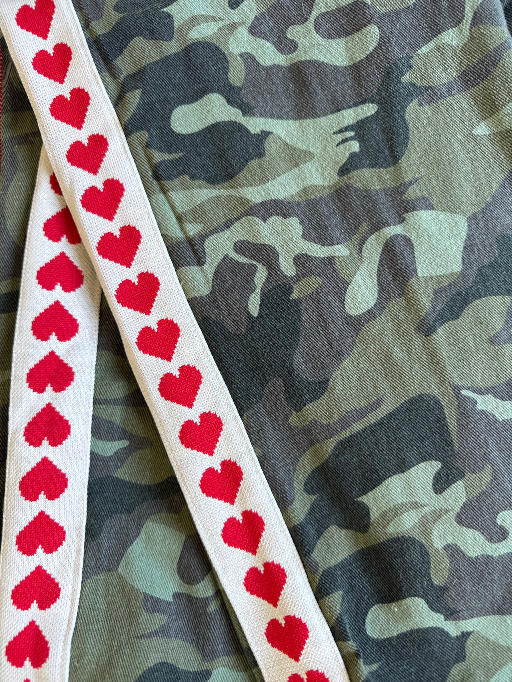 Women's green camouflage wide leg jeans with white stripe and red hearts