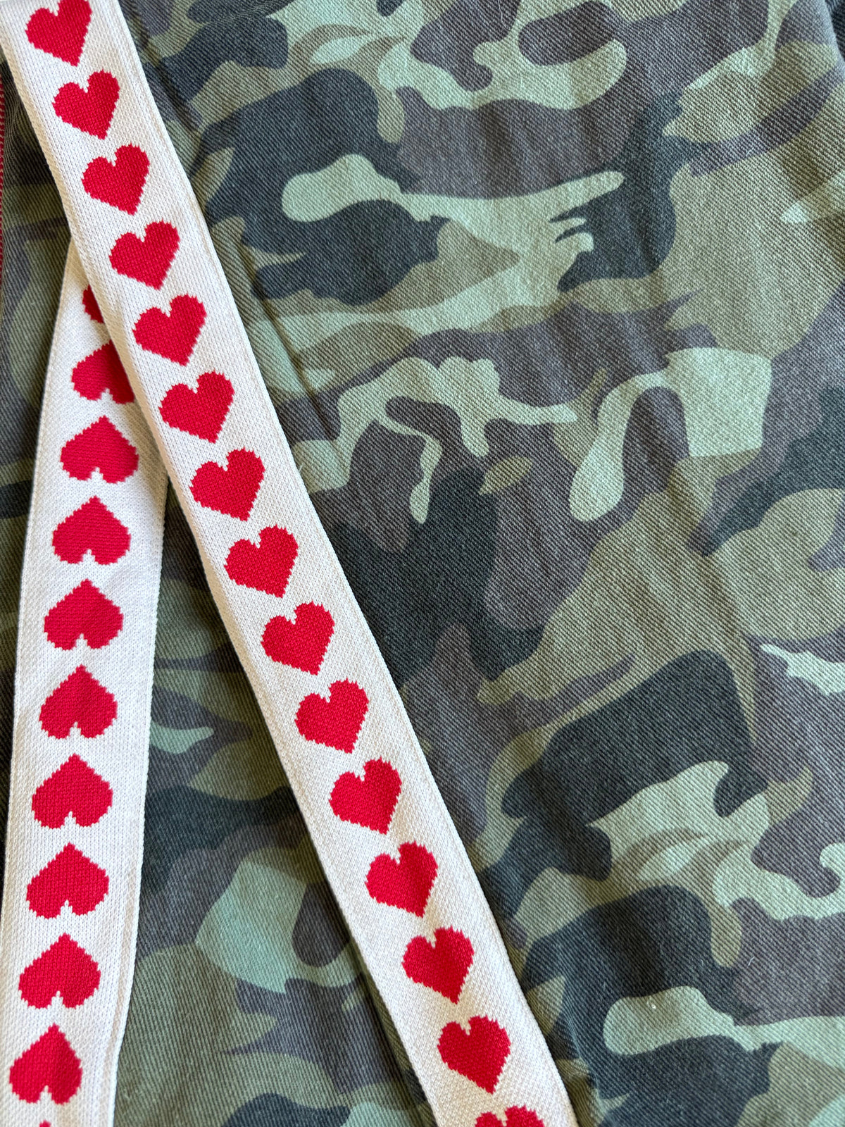 Women's green camouflage wide leg jeans with white stripe and red hearts