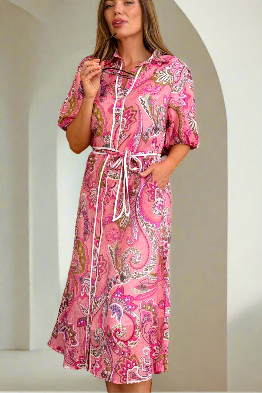 Leah Paisley Midi Shirt Dress – Pink by Aurelia Sun