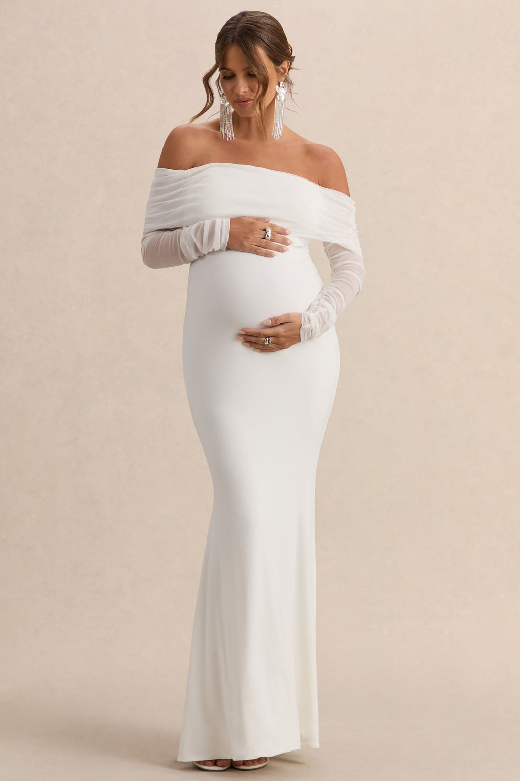 Seraphine Maternity Bardot Maxi Dress – White
