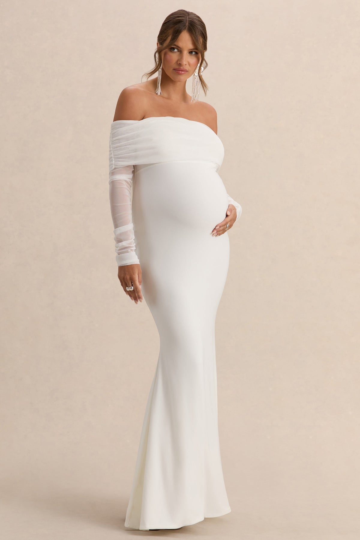 Seraphine Maternity Bardot Maxi Dress – White