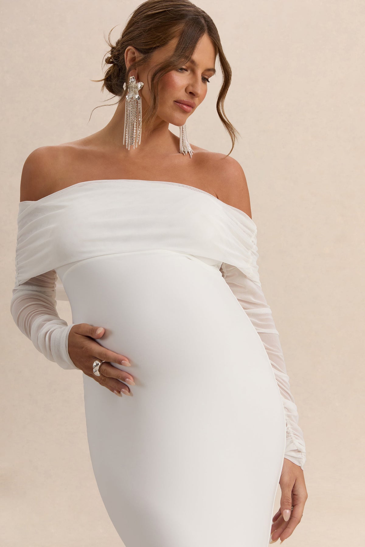 Seraphine Maternity Bardot Maxi Dress – White