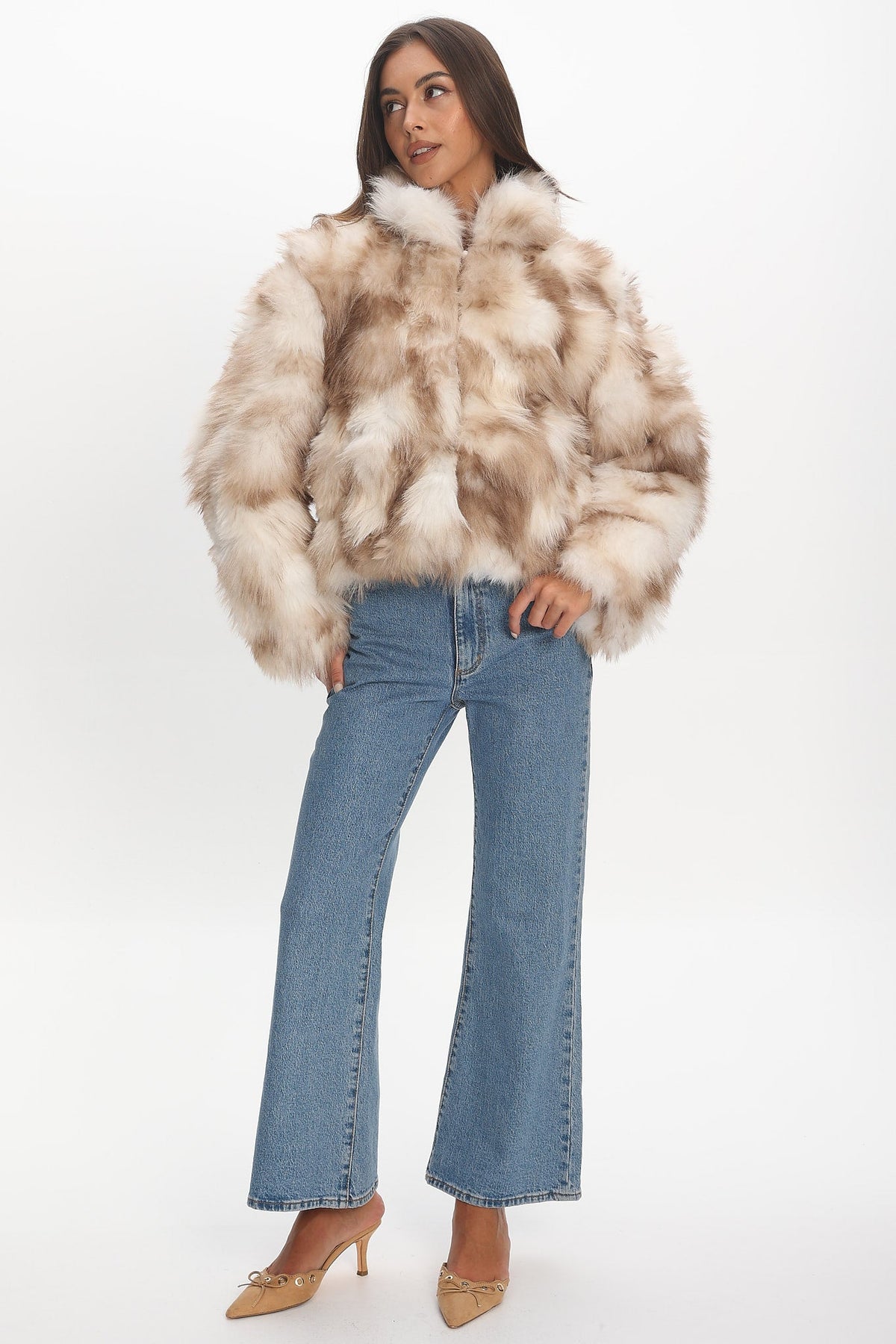 Faux Fur Zip Coat — Beige