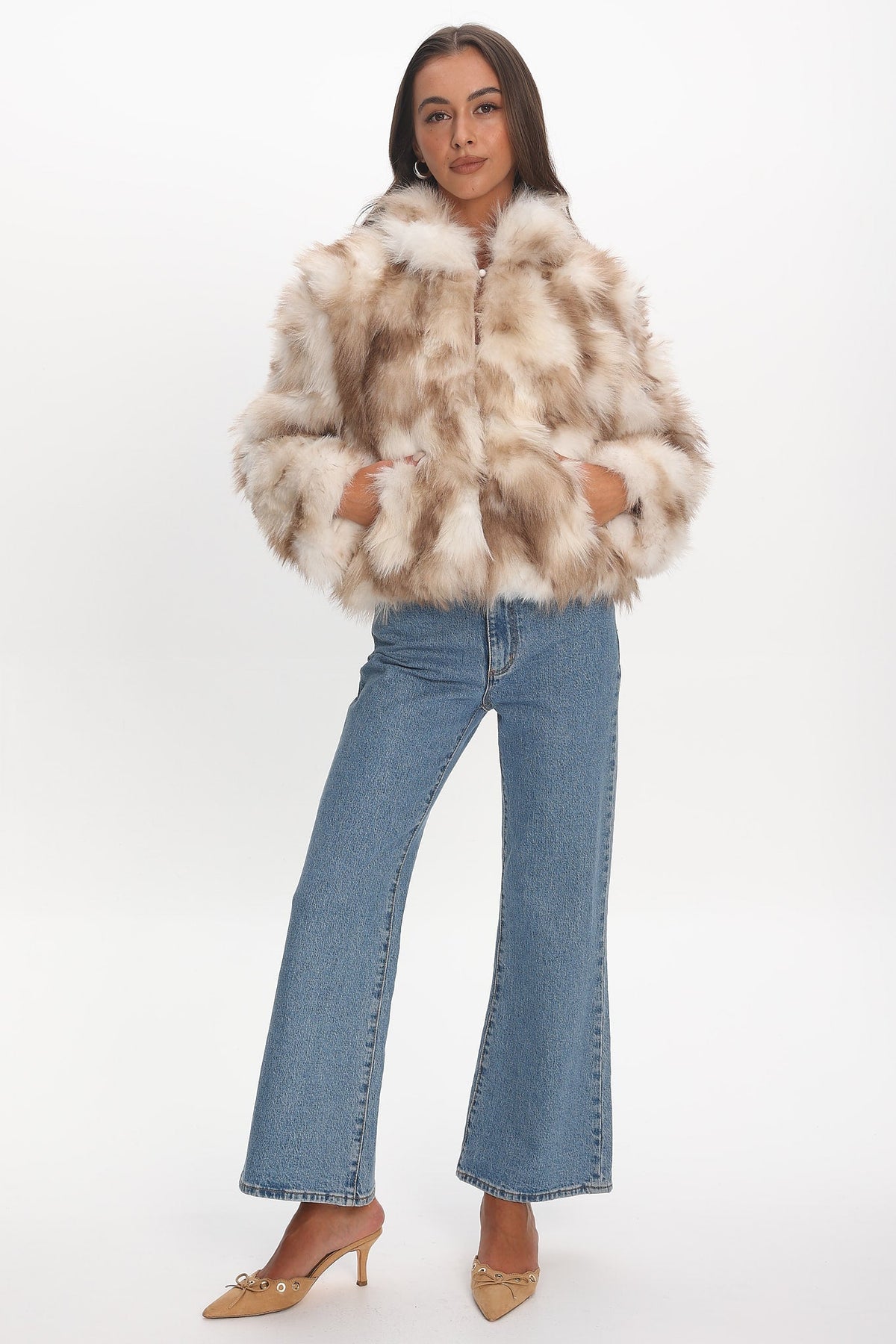 Faux Fur Zip Coat — Beige