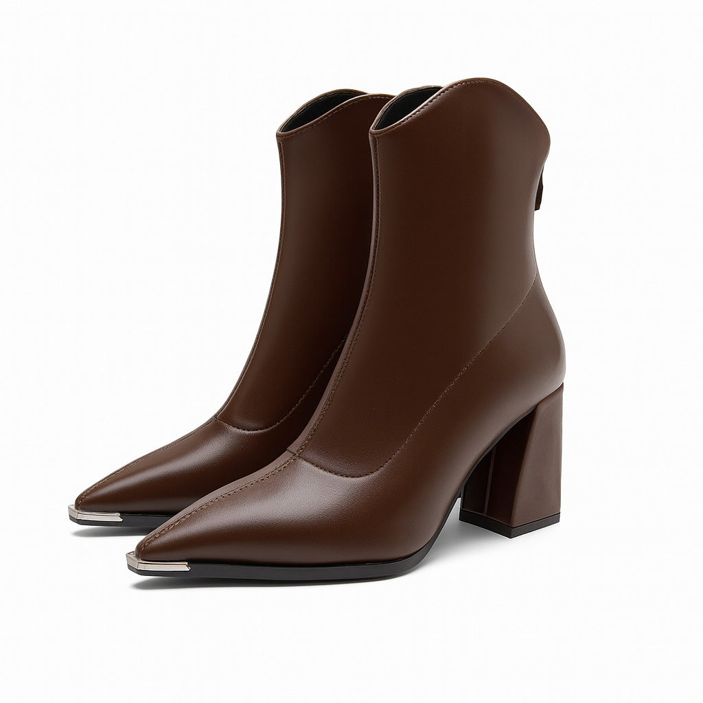 Pointed-Toe Chrome-Tip Ankle Boots