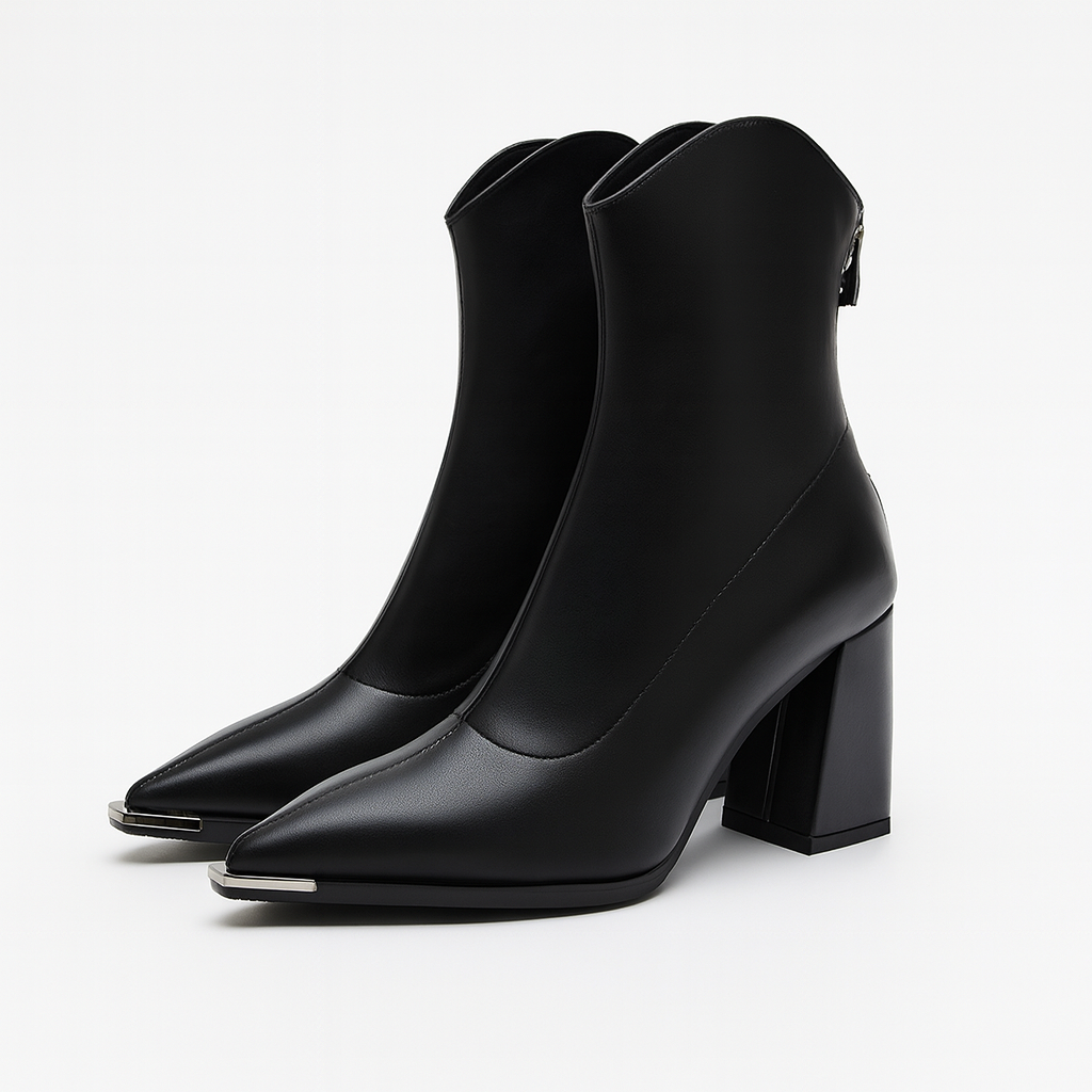 Pointed-Toe Chrome-Tip Ankle Boots