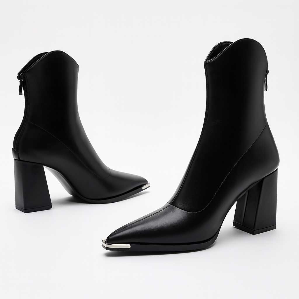 Pointed-Toe Chrome-Tip Ankle Boots