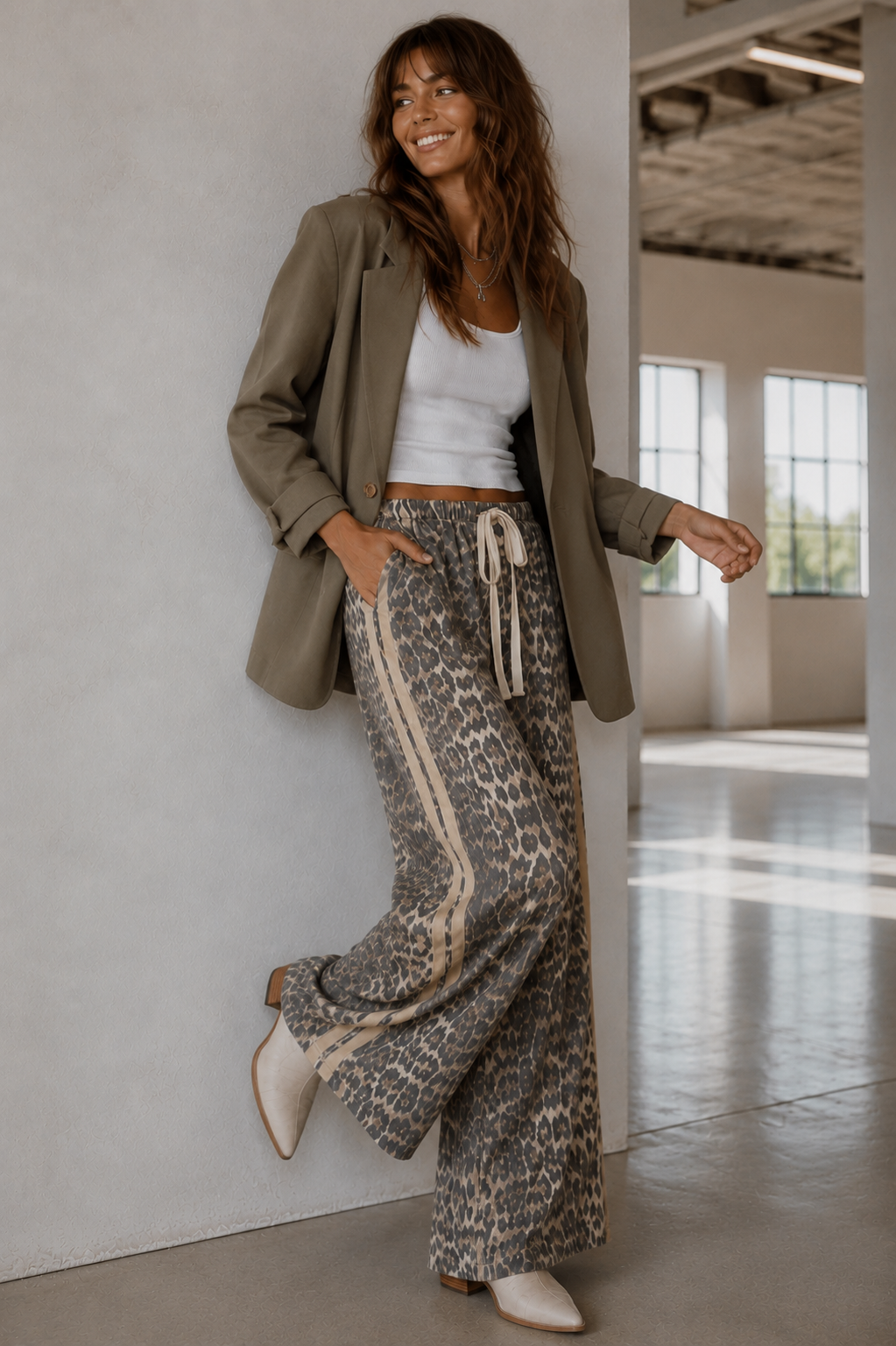 Women's leopard print wide leg jeans with beige racer stripes