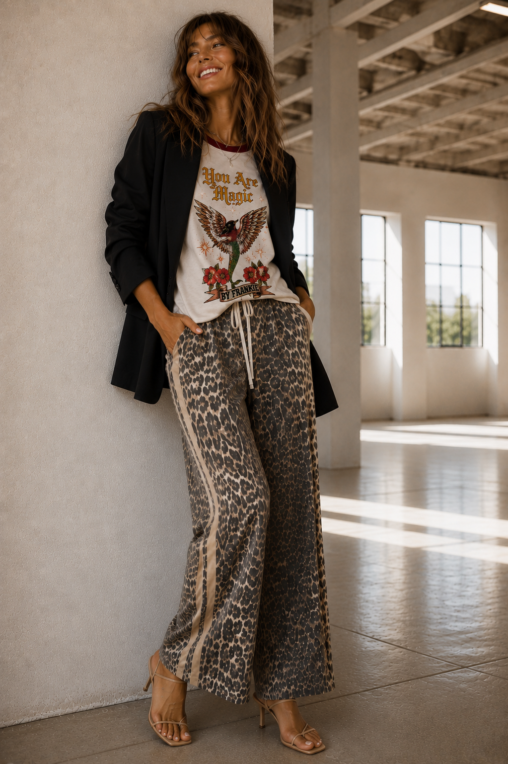 Women's leopard print wide leg jeans with beige racer stripes
