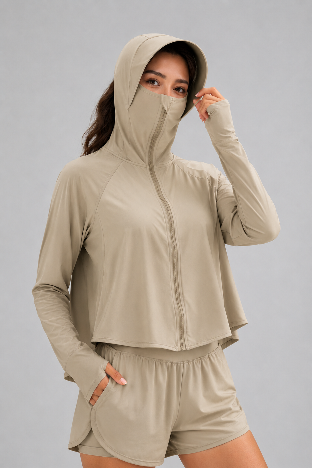Aurelia Sun Brimmed Hood Sun Shirt – Khaki, One Size