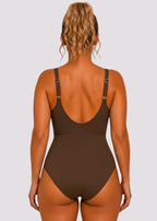Ruched Twist-Front One-Piece Swimsuit – Brown