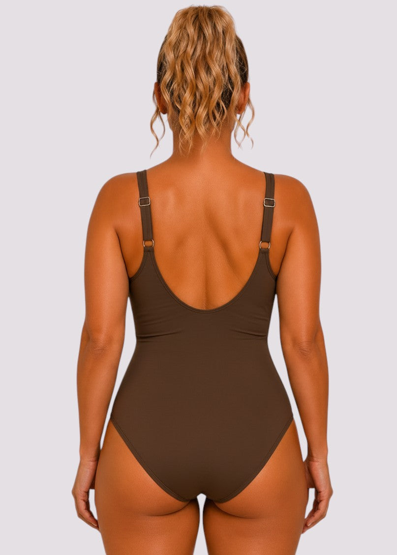 Ruched Twist-Front One-Piece Swimsuit – Brown