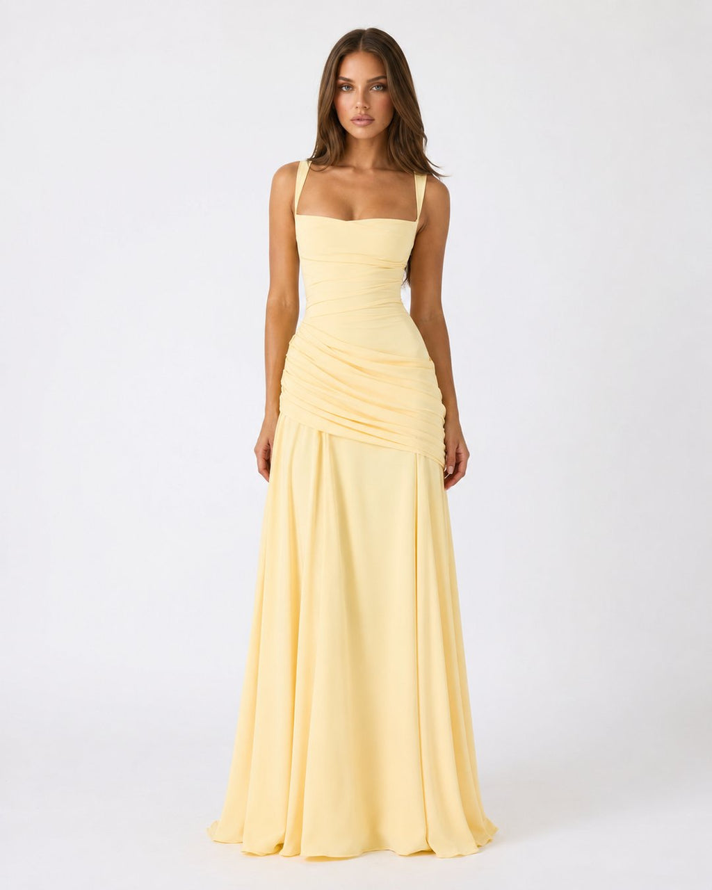 Phoebe Ruched Square-Neck Maxi Dress – Yellow