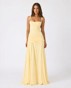 Phoebe Ruched Square-Neck Maxi Dress – Yellow