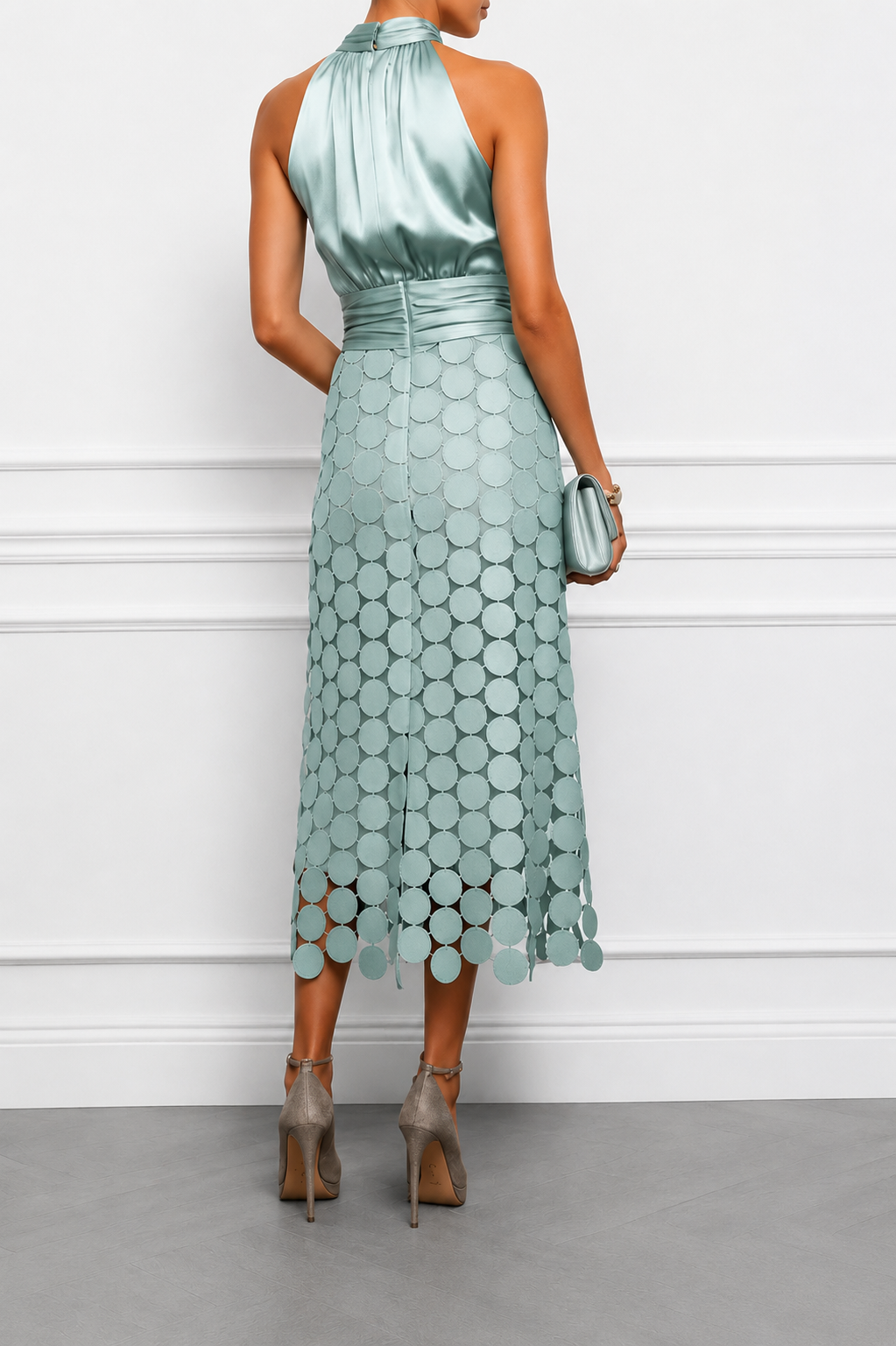 Arielle Satin Cutout Midi Dress in Champagne by Aurelia Sun