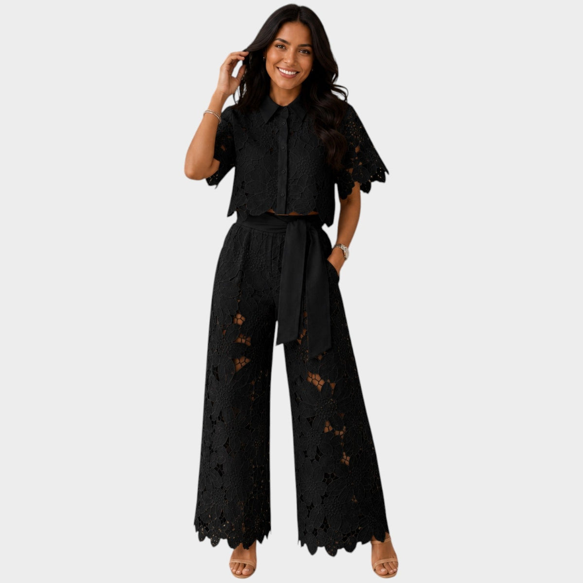 Elodie Floral Lace Two-Piece Set in Black by Aurelia Sun