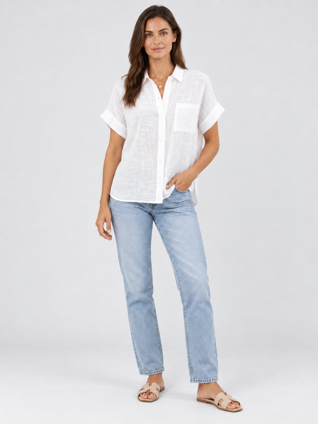 Cotton-Linen Button-Up Short-Sleeve Blouse