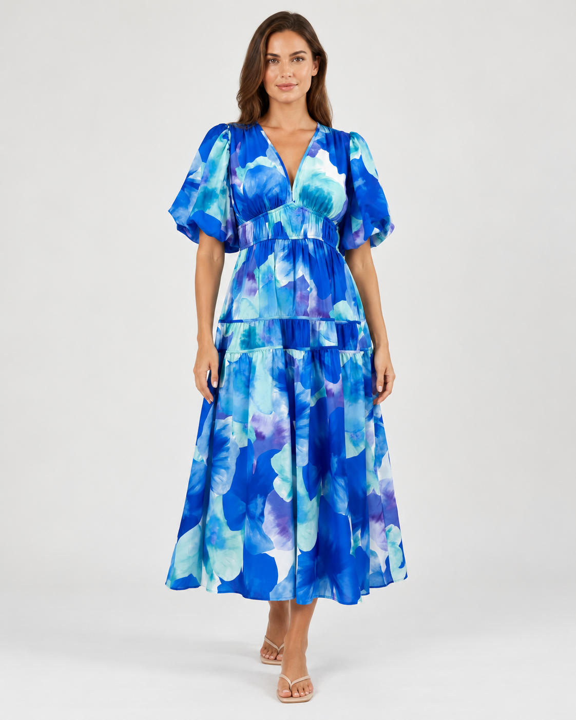 Soft-Drape V-Neck Midi Dress — Blue