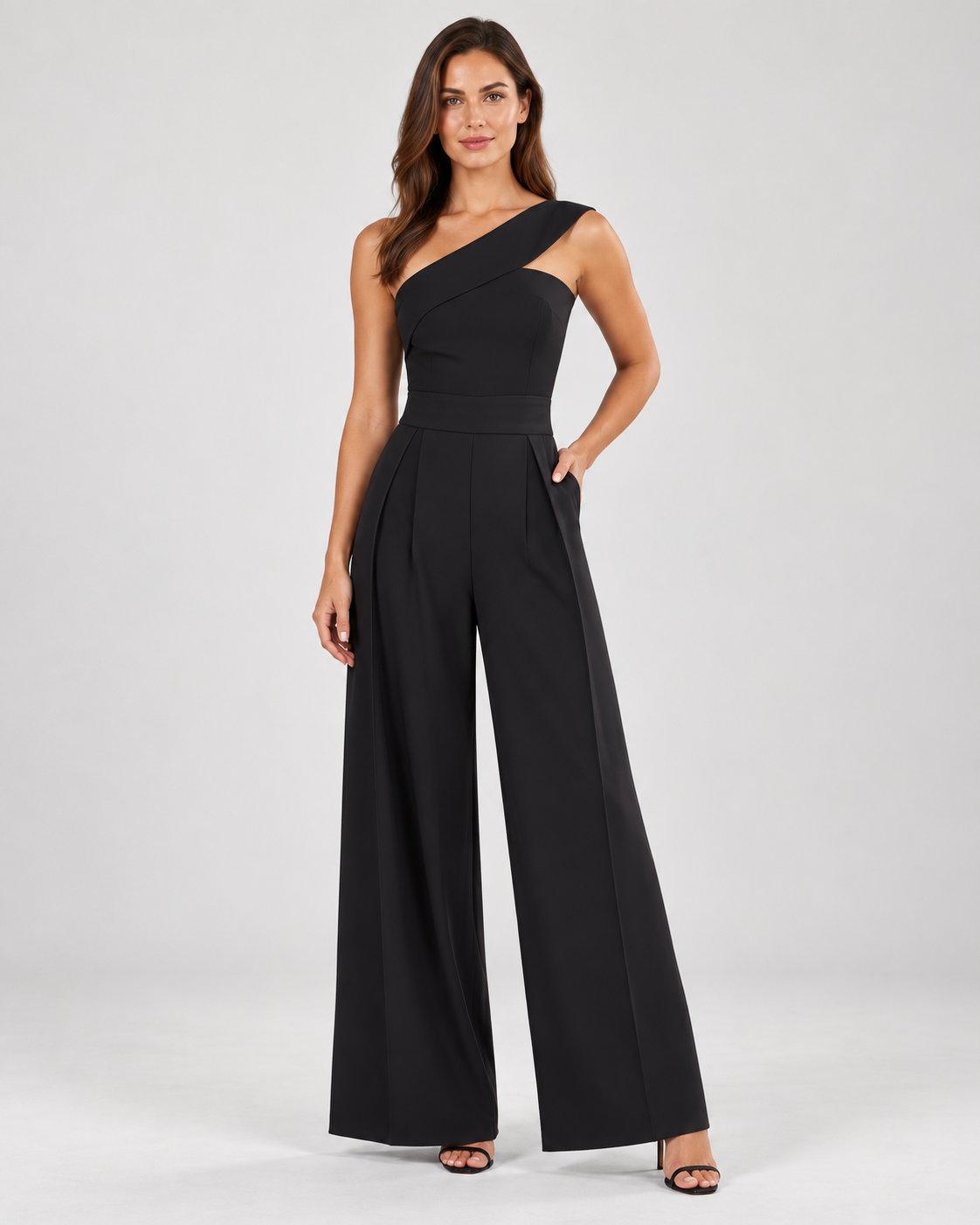 One-Shoulder Pleated Wide-Leg Jumpsuit