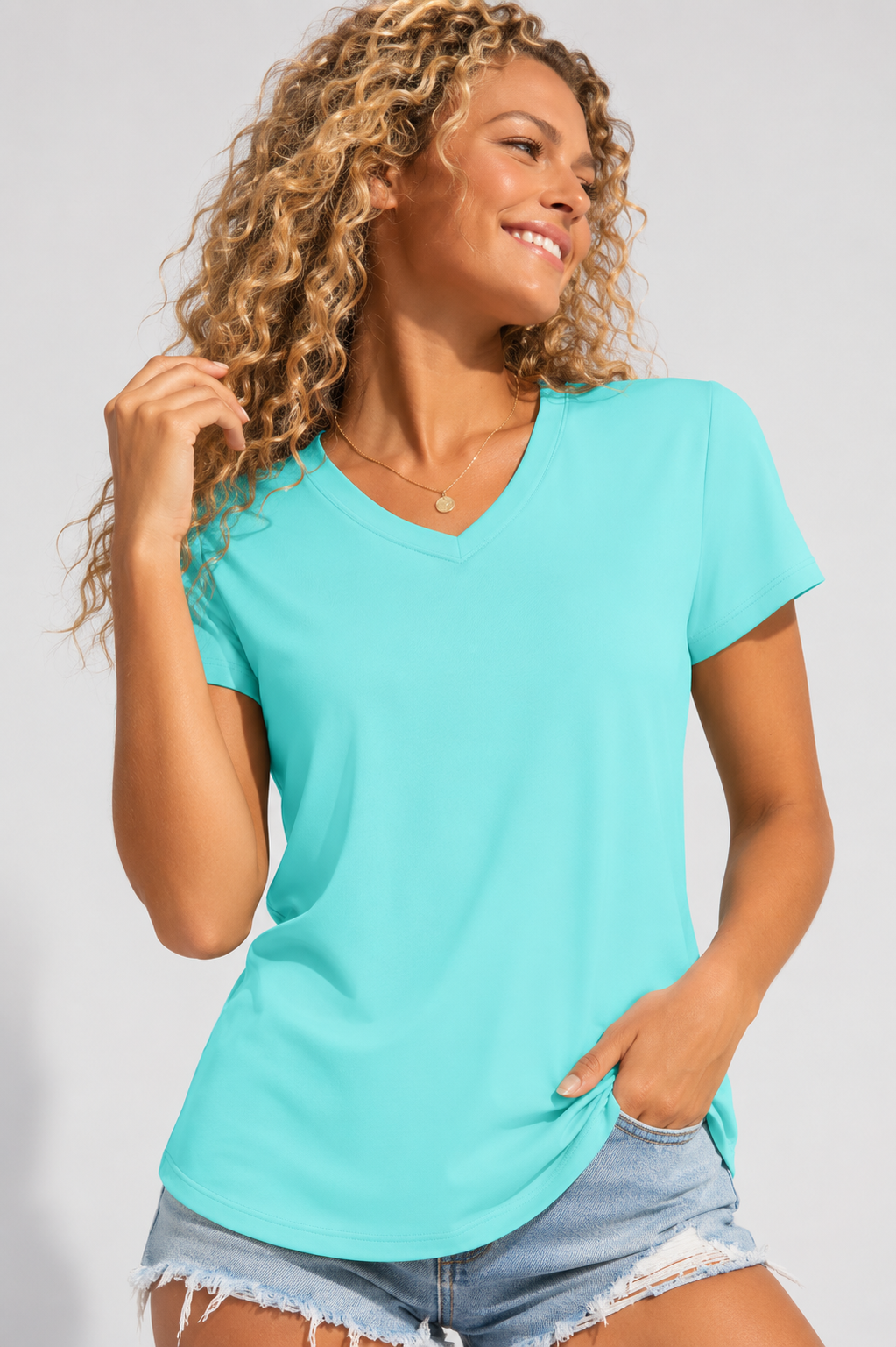 Aurelia Sun V-Neck Short Sleeve Tee – Light Lake Blue, AU 8