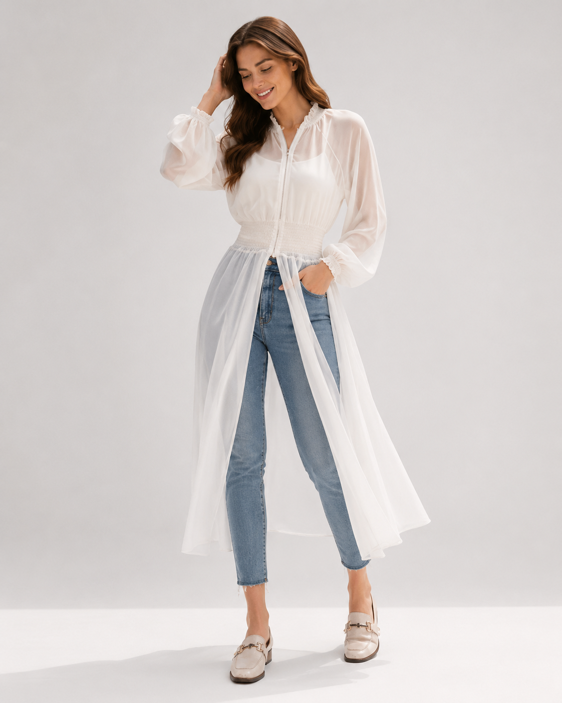 Aurelia Sun Sheer Longline Jacket – White, One Size