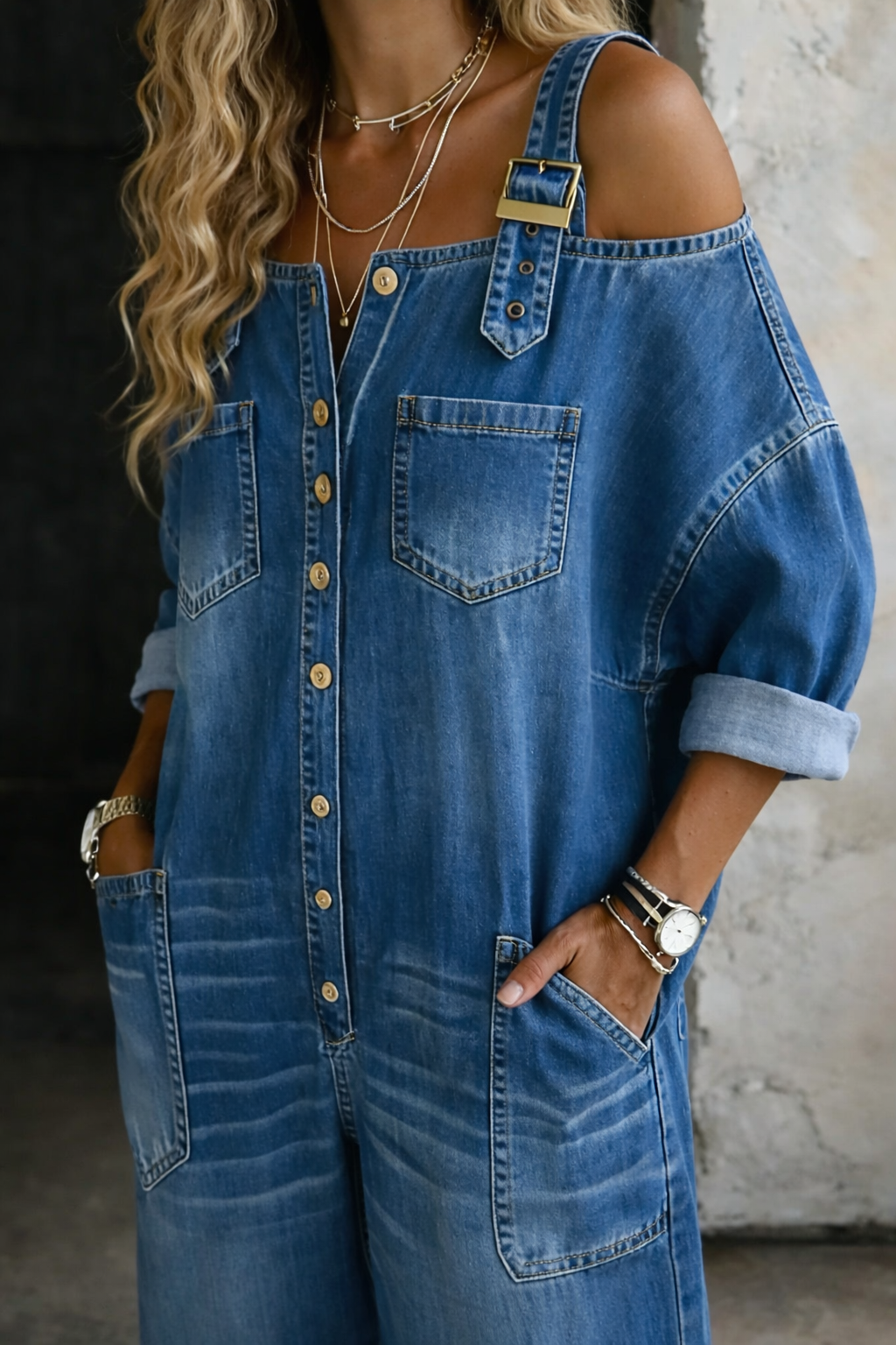 Sophia Off-Shoulder Denim Jumpsuit – Multi