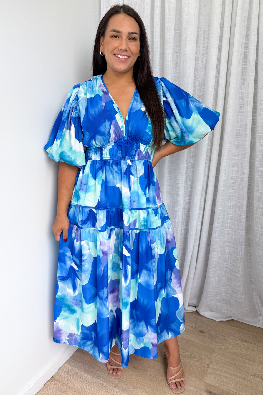 Soft-Drape V-Neck Midi Dress — Blue