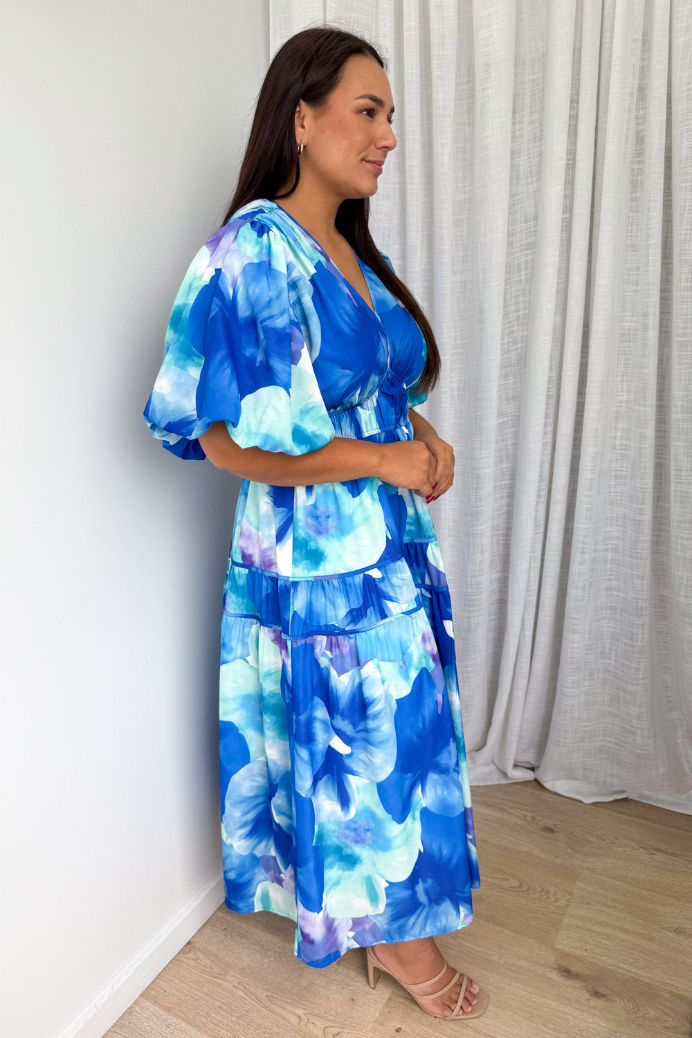 Soft-Drape V-Neck Midi Dress — Blue