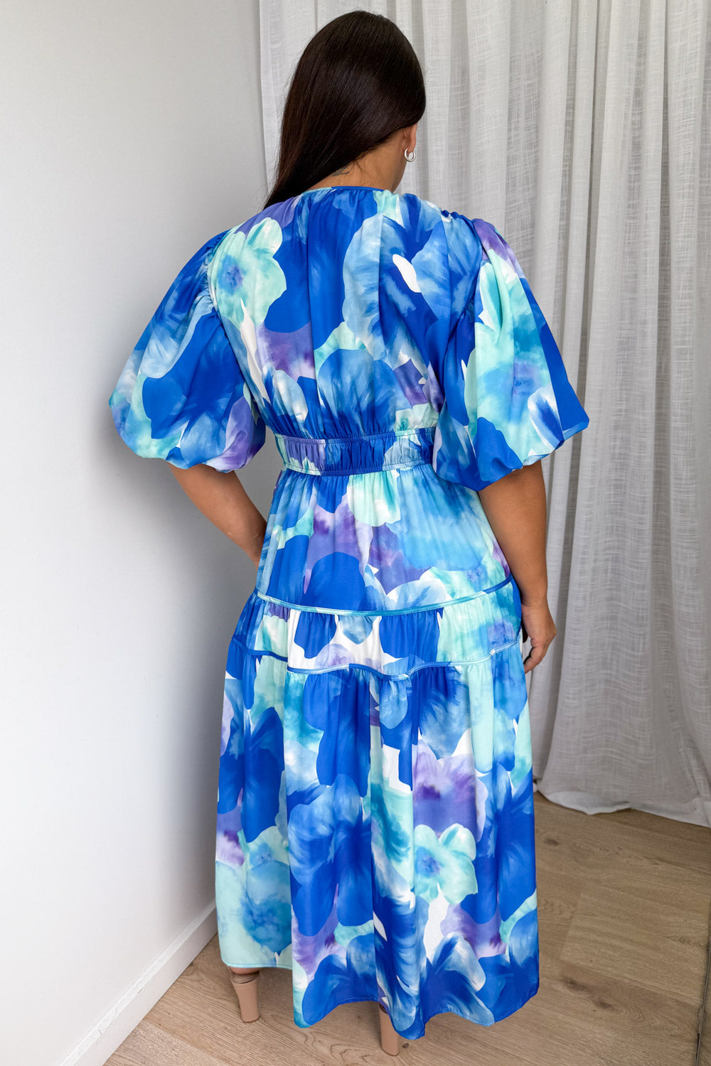 Soft-Drape V-Neck Midi Dress — Blue