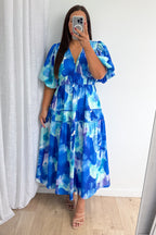 Soft-Drape V-Neck Midi Dress — Blue